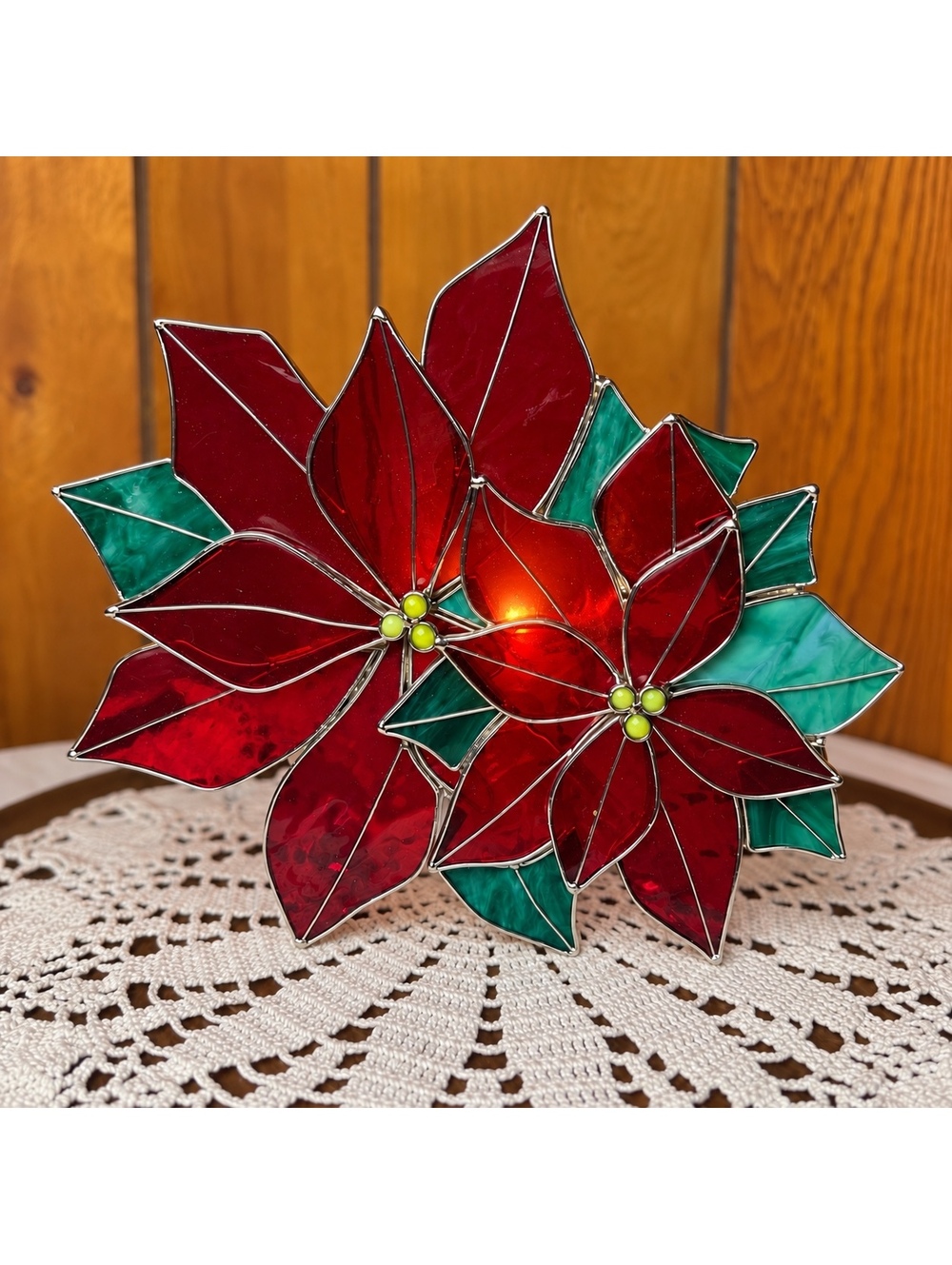 Stained Glass Poinsettia Tea Light Candle Holder Red Green Christmas Decor 9x8